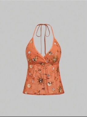 Ibiza Edition🏝️: Orange Embroidered Halter Tank Top